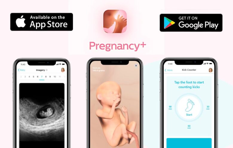 Pregnancy+ App: woman using smartphone to track cycle and monitor pregnancy symptoms.