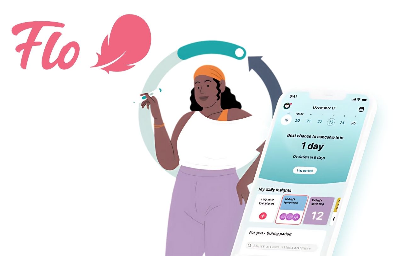 Flo App: illustration of woman tracking menstrual cycle with smartphone showing fertility insights.