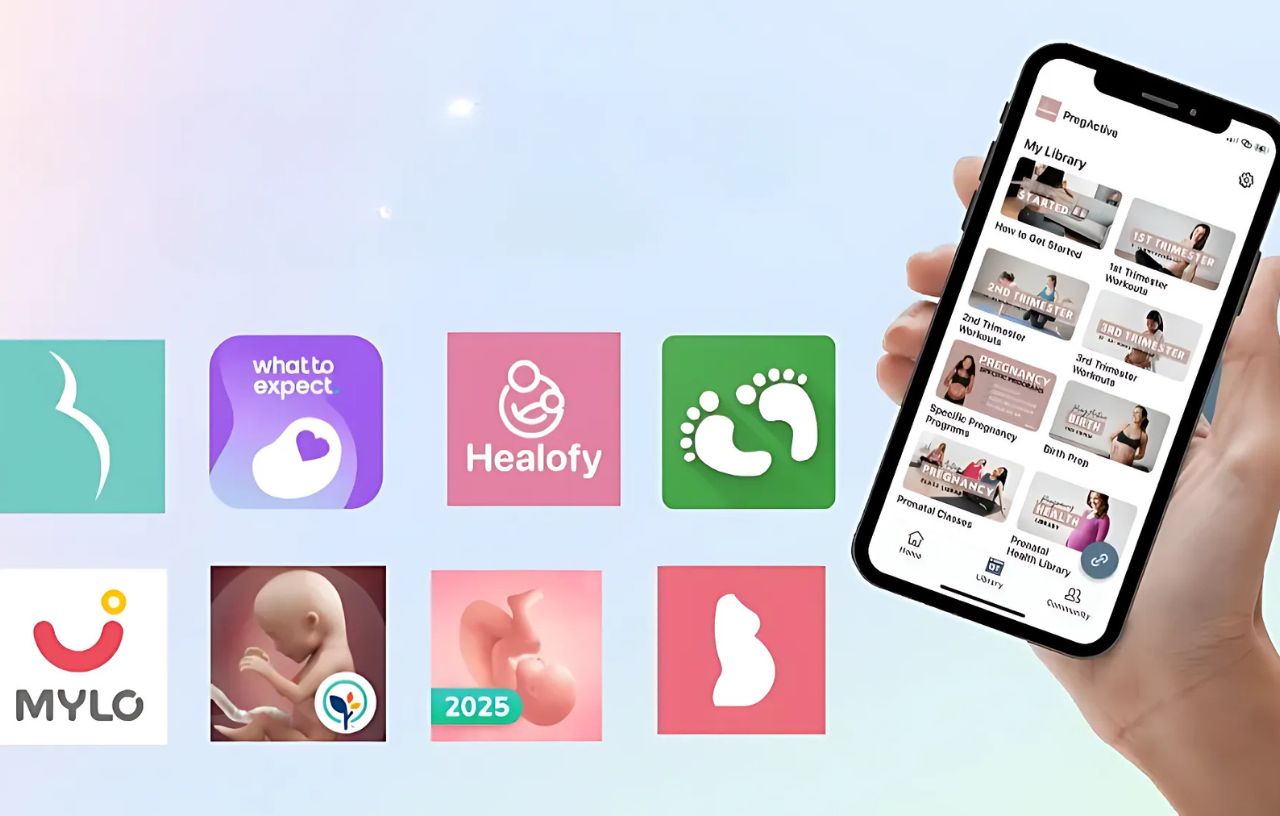 Pregnancy Test Apps: smartphone showing pregnancy tracking app alongside icons of popular apps for monitoring pregnancy and health.