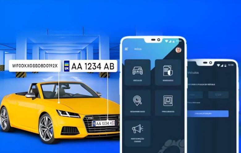 Illustration of mobile apps checking a car license plate, representing the top apps to check license plates in South Africa