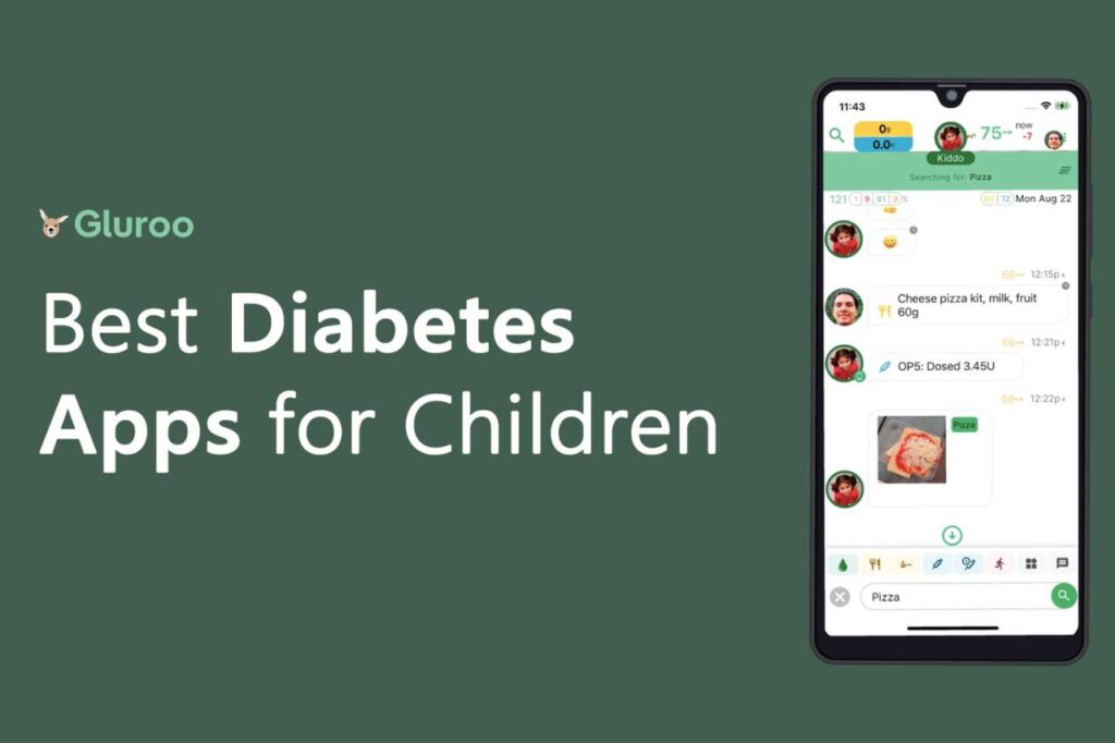 Screenshot of the Gluroo app highlighting the phrase 'Best Diabetes Apps for Children', representing one of the glucose control app solutions focused on collaborative monitoring and care of children with diabetes.