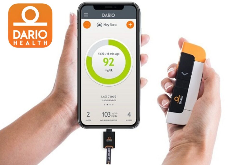 Dario Health device connected to a smartphone displaying blood glucose results, illustrating how glucose control apps integrate technology and convenience to monitor blood sugar levels in real time.