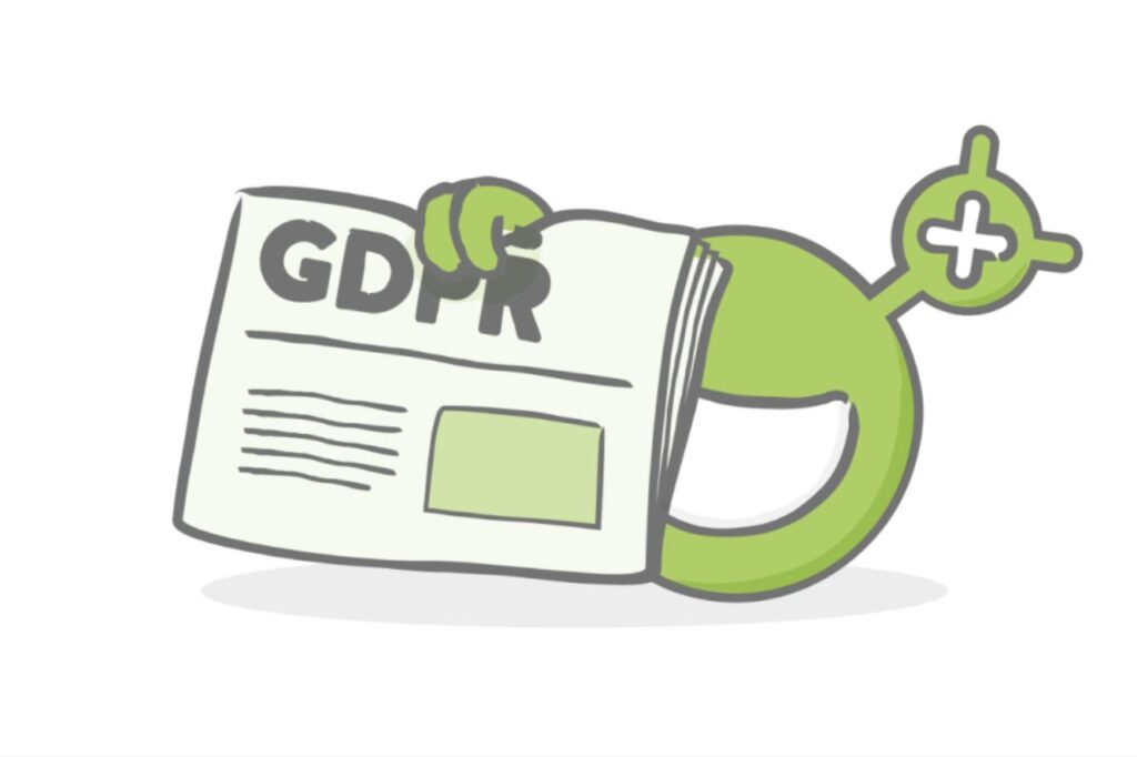 Illustration of the mySugr app mascot holding a newspaper with the acronym GDPR, representing the app's commitment to user privacy and data protection.