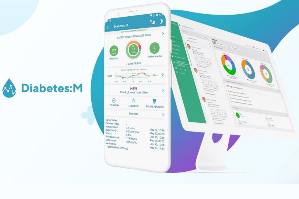 Screenshots from the Diabetes:M app displaying detailed blood glucose and insulin graphs and reports, exemplifying the use of glucose control apps to monitor and analyze diabetes management accurately and conveniently.