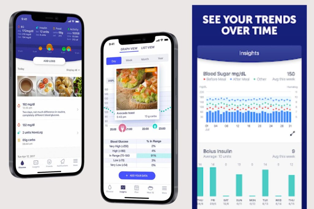 Screenshots from the Glucose Buddy app displaying glucose graphs, meal logs, and trend reports, ideal for tracking diabetes management over time.