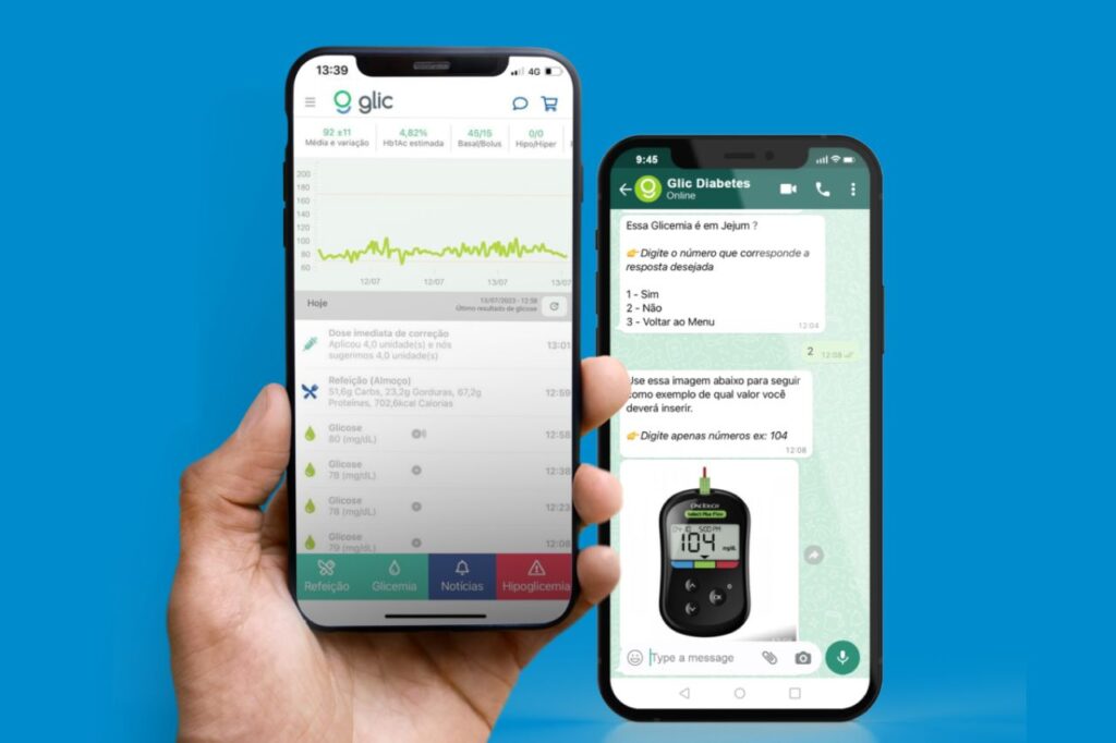 The Glic app, displayed on two smartphones, shows blood glucose graphs and allows for chat interaction, exemplifying how glucose control apps facilitate monitoring and communication about diabetes management in a practical and automated way.