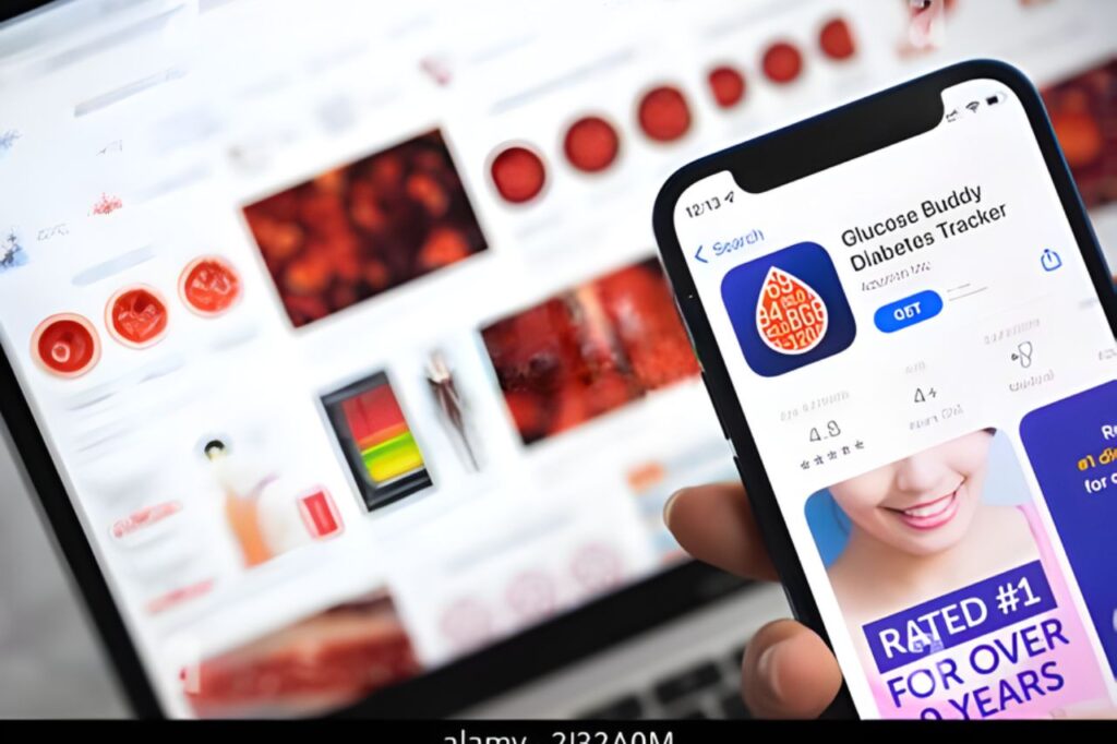 Screenshot of the Glucose Buddy app on the App Store, highlighting positive reviews and recognition as the leading diabetes management app for over 10 years.