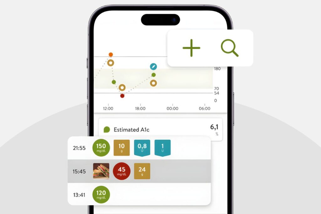 Screenshot of the mySugr app highlighting the glucose graph and options for searching and adding data, ideal for detailed health monitoring.