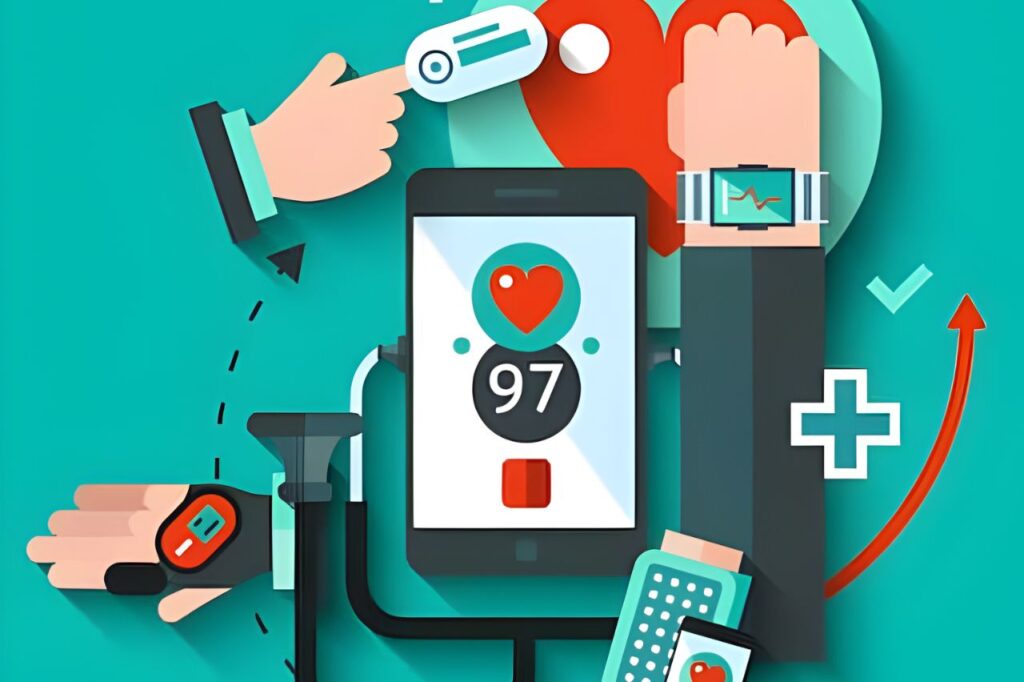 Modern illustration featuring a smartphone and connected health devices, representing the technological integration and intelligent glucose monitoring offered by Glucose Buddy.