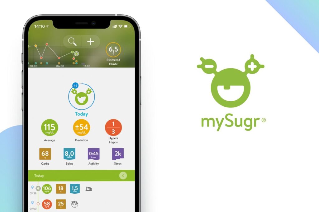 Screenshot of the MySugr app displayed on a smartphone, representing the visual and analytical features of glucose control apps designed for efficient glucose monitoring and management.
