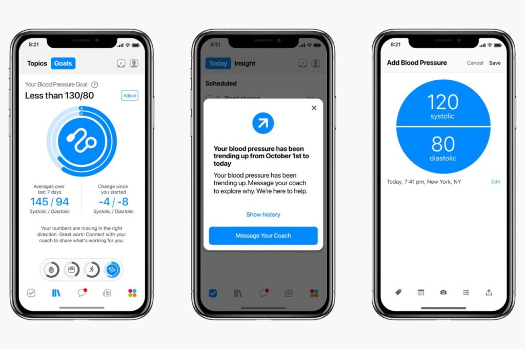 App screenshots displaying graphs and measurements of blood pressure and glucose, illustrating how glucose control apps assist in continuous health monitoring with accurate data and an intuitive interface.