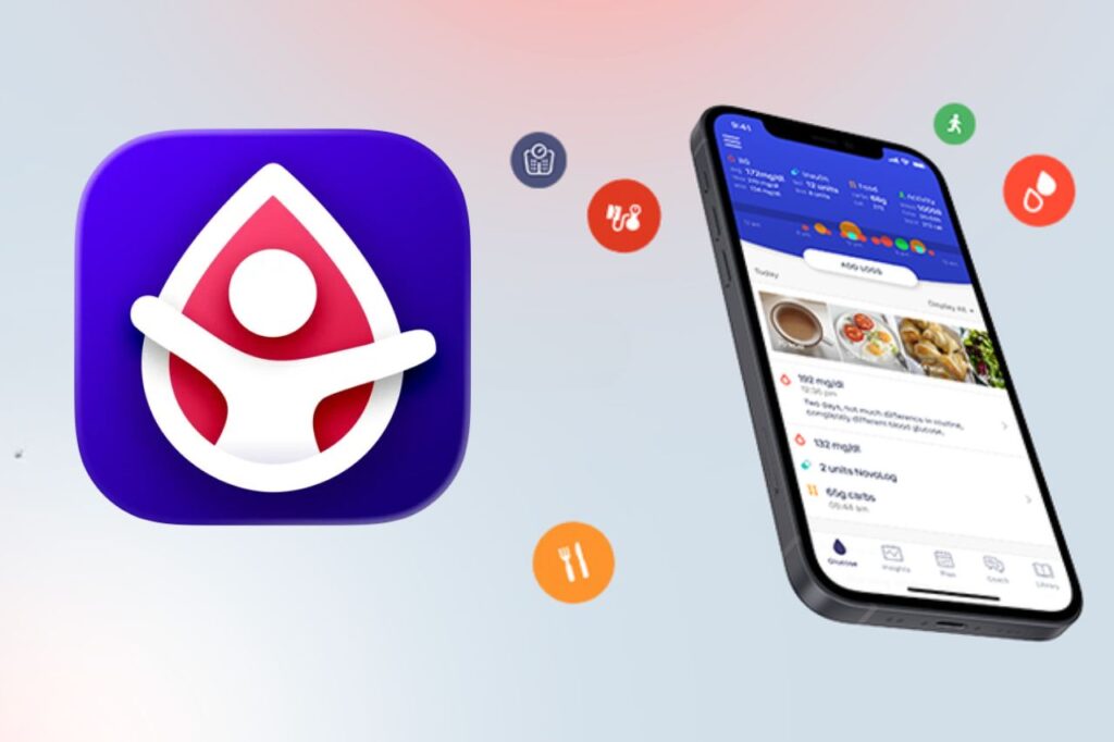 Glucose Buddy icon and smartphone with the app's interface, highlighting its functions for recording blood glucose, food, exercise, and well-being.