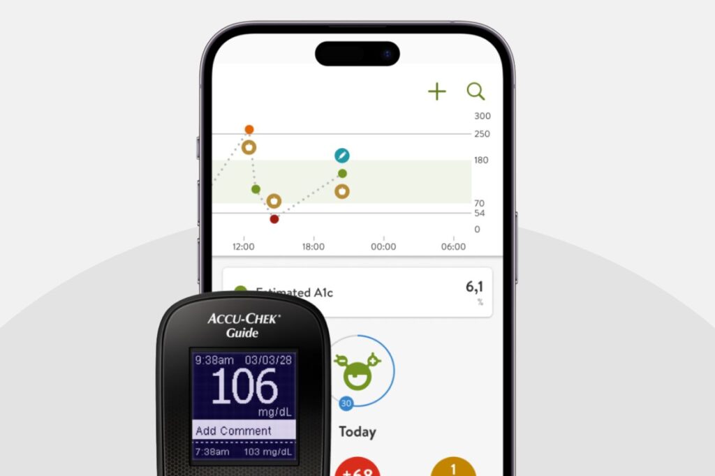 Screenshot of the mySugr app displaying a glucose control graph and a connected Accu-Chek meter, highlighting the integration and accuracy of blood glucose monitoring via mobile phone.