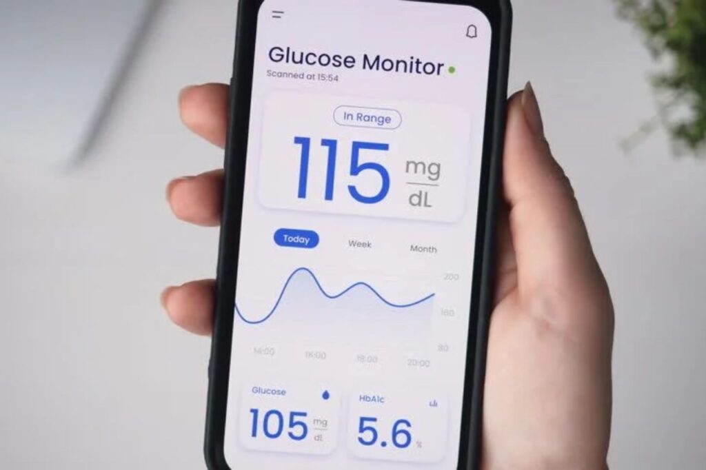 Screenshot of a monitoring app showing a glucose level of 115 mg/dL and a daily graph, highlighting how glucose control apps help with precise and visual real-time blood glucose monitoring.