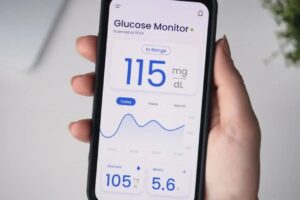 A glucose monitoring app displayed on the phone screen, showing graphs and measurements in mg/dL, representing the practicality and technology of the best glucose control apps for accurately monitoring health.
