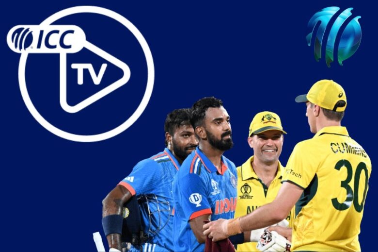 International cricket players alongside the icc.tv logo, representing the official platform for watching live cricket matches with global broadcasts.
