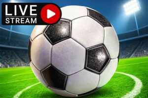 Image of a soccer ball on a field with a live stream icon, representing Free Apps to Watch International Football live on mobile with real-time international broadcasts.