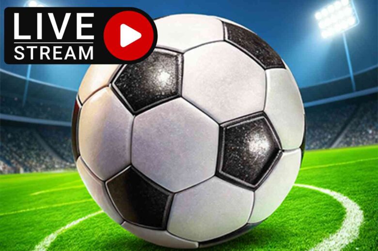 Image of a soccer ball on a field with a live stream icon, representing Free Apps to Watch International Football live on mobile with real-time international broadcasts.